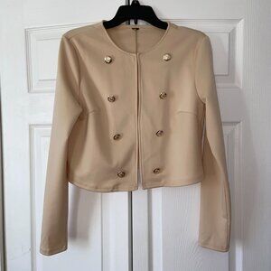 MakeMeChic Medium Khaki Open Front Long Sleeve Round Neck Crop Jacket